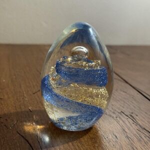 Art Glass Paper Weight by Gorgeous Designs Egg Shape Controlled Bubble Cobalt